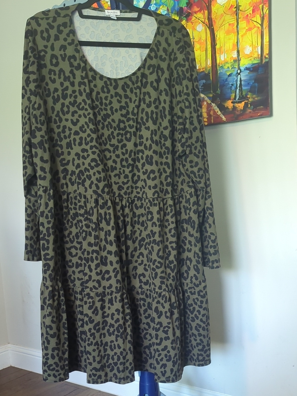 love, Fire Olive Green and Black Leopard Tiered Long Sleeve Dress #2